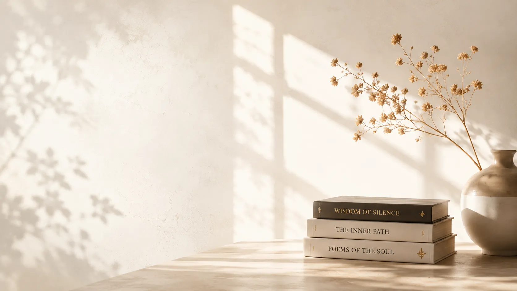 Elegant vase with dried flowers and books